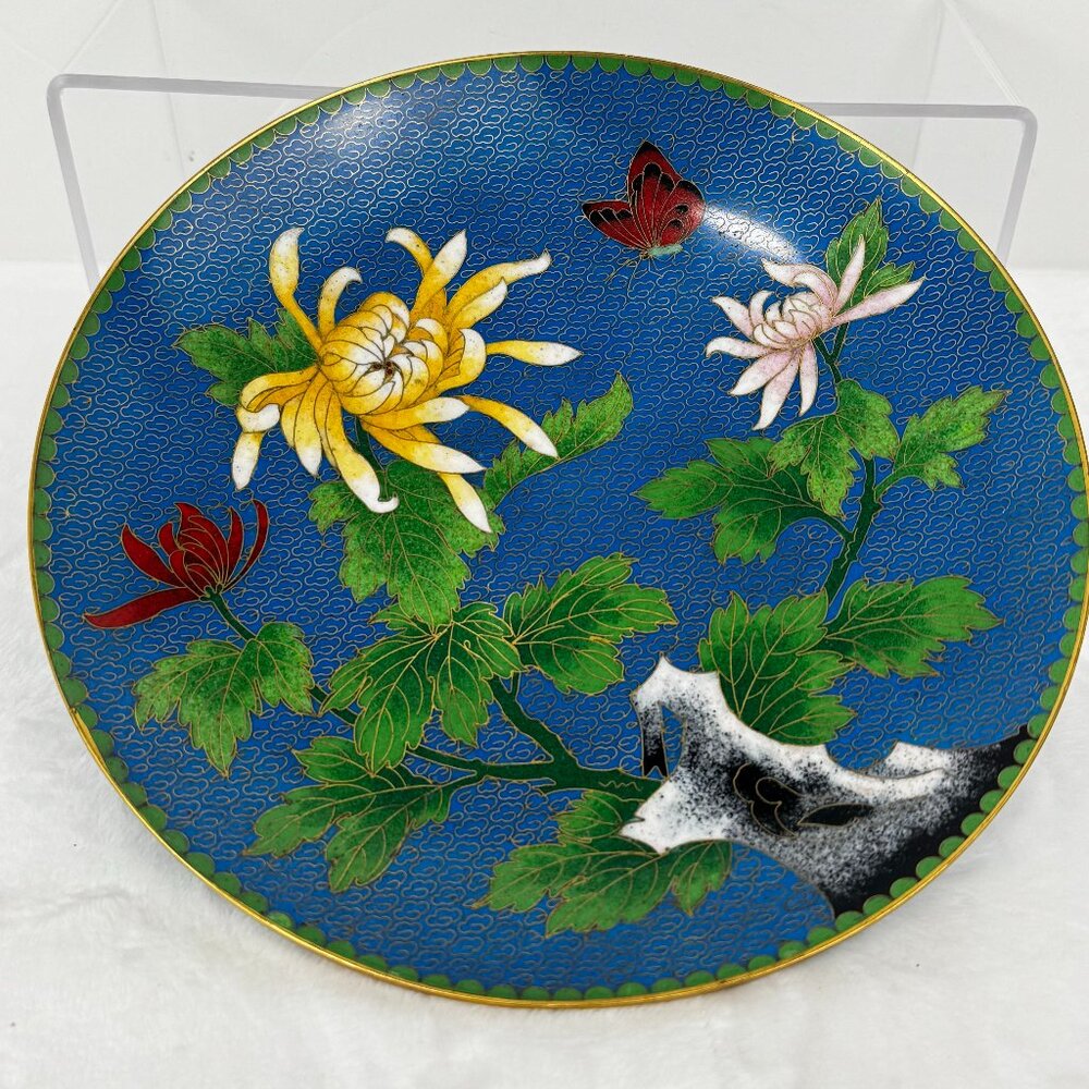 Vintage Japanese Cloisonne Jingfa Floral Enamel 9" Round Plate Turquoise Golden
